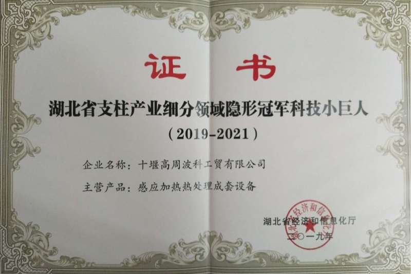 2019年感應(yīng)加熱熱處理成套設(shè)備獲得湖北省支柱產(chǎn)業(yè)細分領(lǐng)域隱形冠軍科技小巨人
